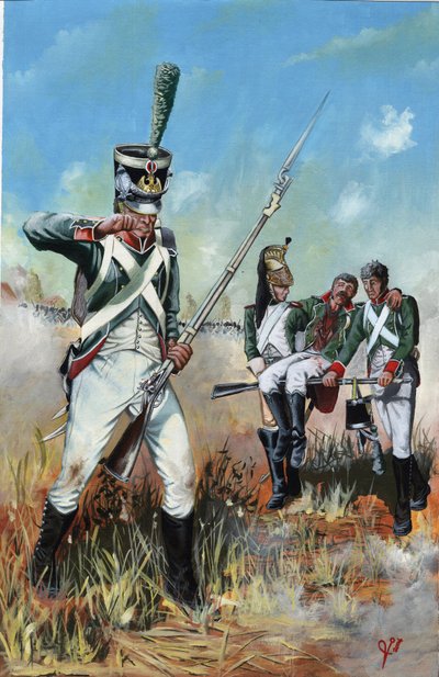 Premier Empire (1804-1814 et 1815) : soldats de la grande armée napoléonienne en Italie aidant un camarade blessé. Dessin par Alessandro Lonati - Alessandro Lonati