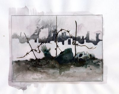 Première Guerre mondiale : Allégorie de la guerre avec casque de crâne sur fond de ruines - Alessandro Lonati