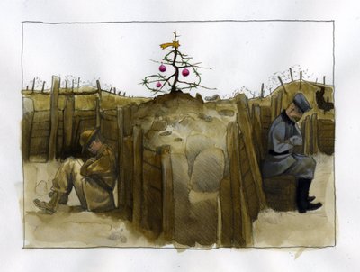 Première Guerre mondiale : la solitude de deux soldats ennemis, britannique (à gauche) et allemand dans la tranchée, à Noël 1914-1918. - Alessandro Lonati