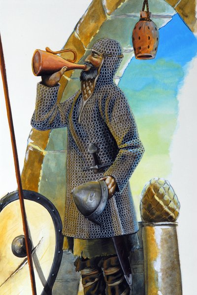 Première croisade : un chevalier au repos, équipé de son haubert, buvant à la carafe, son bouclier et sa lance sont placés près de lui. - Alessandro Lonati