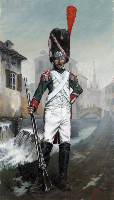 Premier Empire (1804-1814 et 1815) : soldats grenadiers italiens près du canal de Milan avec la cathédrale en arrière-plan. Dessin par Alessandro Lonati - Alessandro Lonati