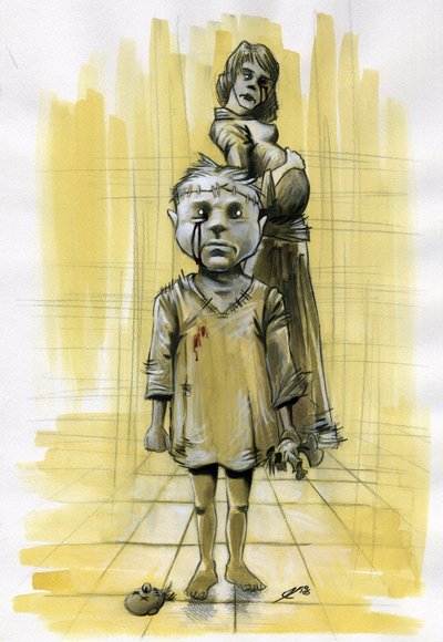 Illustration de science-fiction : zombies ou esprits fantômes, évoquant le cauchemar, montrent un enfant avec son crâne cousu avec une poupée décapitée et en arrière-plan une mère enceinte - Alessandro Lonati