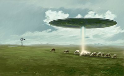 Phénomène mystérieux : une soucoupe volante (extraterrestre ou OVNI) enlevant un mouton (abduction). Dessin par Alessandro Lonati - Alessandro Lonati