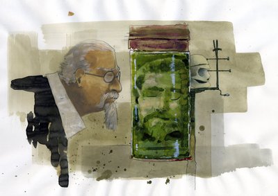 Portrait du criminologue italien regardant sa propre tête conservée dans du formol Illustration par Alessandro Lonati - Alessandro Lonati