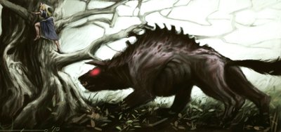 Représentation de la légendaire bête du Gévaudan attaquant une petite fille perchée sur un arbre. Illustration par Alessandro Lonati, 2010. - Alessandro Lonati