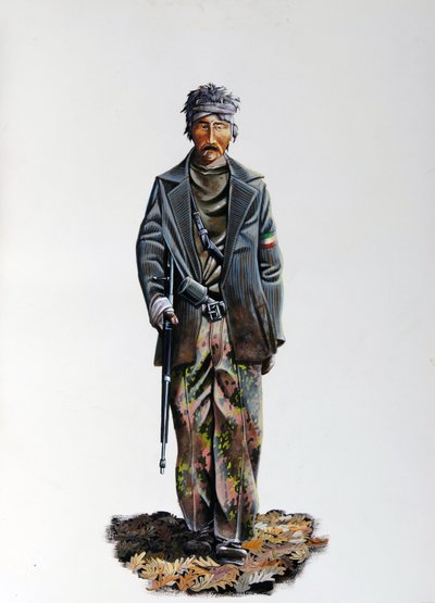 Seconde Guerre mondiale : un membre de la Résistance italienne (maquis ou guérilleros, partisan), portant un costume de camouflage et armé d