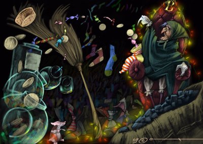 La sorcière Befana est une figure du folklore italien, représentée dans son atelier lorsqu