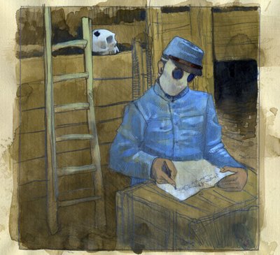 Première Guerre mondiale : un soldat français écrivant une lettre dans une tranchée, portant un masque à gaz - Alessandro Lonati