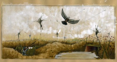 Première Guerre mondiale : un pigeon voyageur portant un message ciblé par un soldat allemand dans une tranchée cherchant à récupérer un message 1914-1918 - Alessandro Lonati