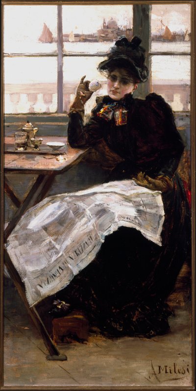 Une femme en noir, lisant le journal, sirotant une tasse de café dans un bistrot - Alessandro Milesi