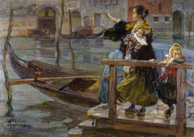 Mère avec deux enfants ou En attendant la gondole - Alessandro Milesi