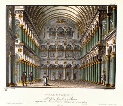 Un lieu magnifique : grande salle du palais voûtée Scénographie pour la représentation à Teatro Carcano en 1829 de l