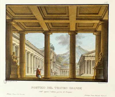 Portique du Grand Théâtre de Pompéi, en arrière-plan le Vésuve Scénographie pour la représentation de l
