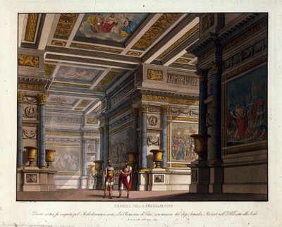 Scénographie par Alessandro Sanquirico (1777-1849) pour « La Clémence de Tito » de Wolfgang Amadeus Mozart (1756-1791) montée à La Scala de Milan en 1819 et représentant la salle du Palais Royal de Tito - Alessandro Sanquirico
