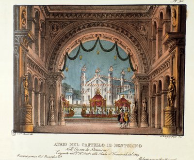 Le vestibule du château de Montolino en Bretagne. Scénographie pour la représentation au Teatro alla Scala en 1829 de l
