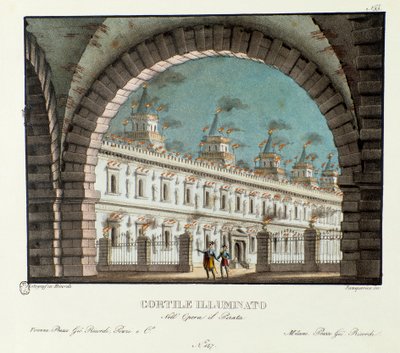 Vue de la grande cour illuminée, scénographie pour la représentation de l