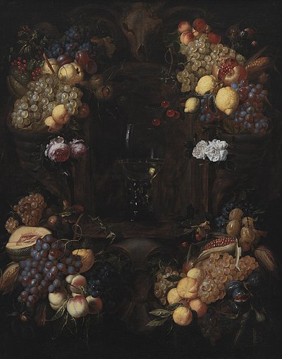 Cartouche avec guirlandes de fruits et un verre de vin - Alexander Coosemans