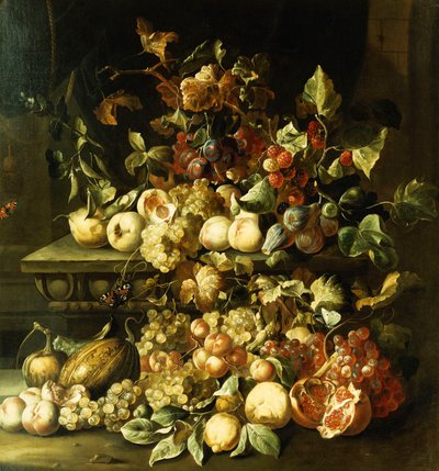 Raisins, figues, framboises et autres fruits sur un rebord en pierre - Alexander Coosemans