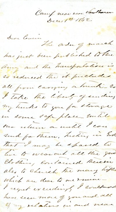 Lettre signée A.E. Steen, camp près de Van Buren, à sa cousine Mme Mary Walker, Van Buren, Ark., 1er décembre 1862 - Alexander Early Steen