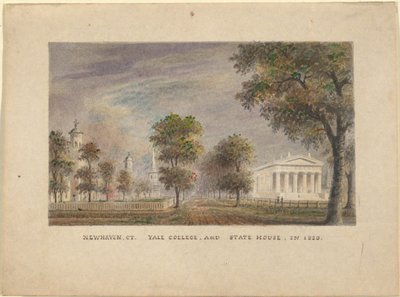 New Haven CT. Yale College et State House en 1830 - Alexander Jackson Davis