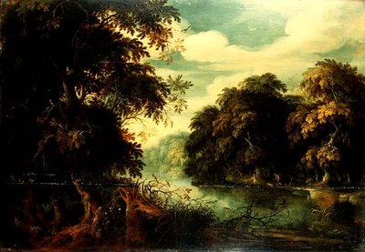 Paysage forestier avec des chasseurs d