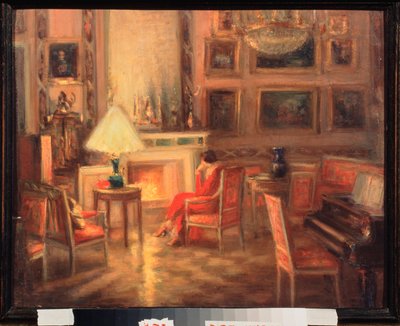 Intérieur avec une femme près de la cheminée - Alexander Sredin