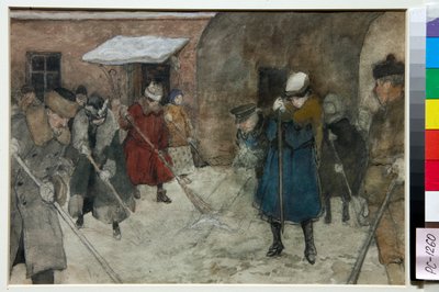Des gens balayent la neige dans une rue en hiver - Alexander Vakhrameyev