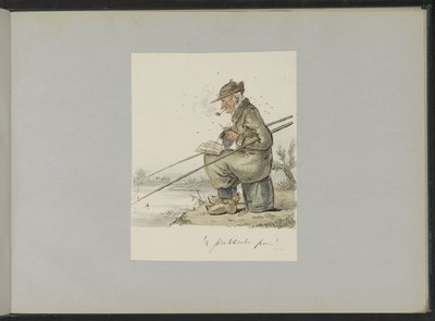 Homme pêchant, tricotant, fumant et lisant au bord de l