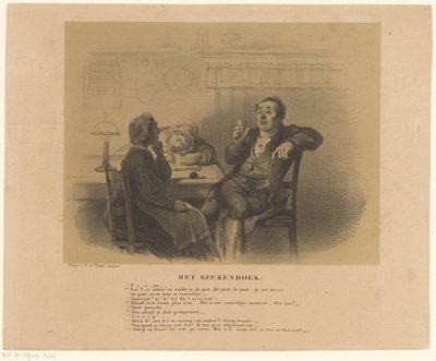 Homme et femmes à table (Le livre de cuisine, titre sur l