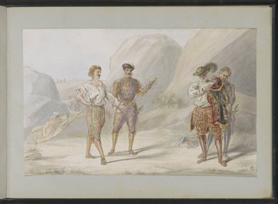 Quatre hommes avec des épées dans un paysage rocheux - Alexander Ver Huell