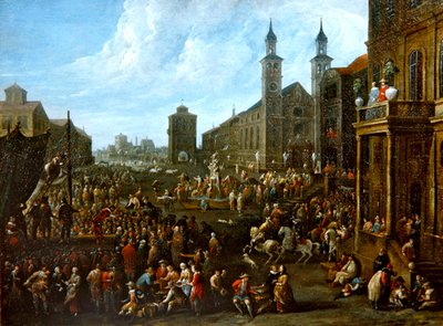 Scène de marché avec des artistes de rue et d