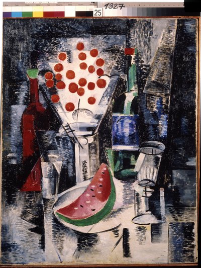 Nature morte au vase et aux bouteilles. Tranche de pastèque et cerises. Peinture d
