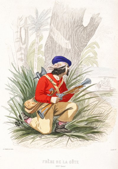 Un pirate se prépare à une embuscade, milieu du 19e siècle (gravure en couleur) - Alexandre (after) Debelle