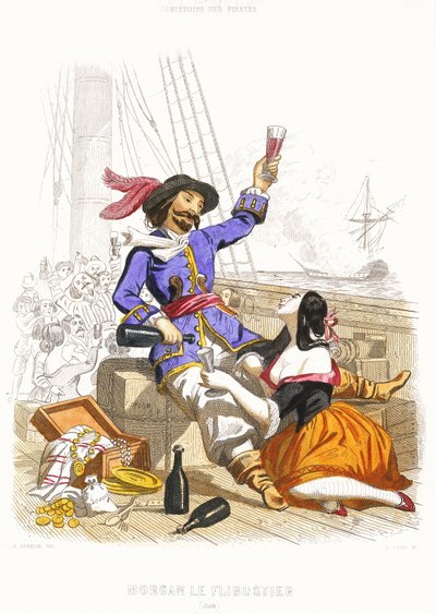 Le capitaine Henry Morgan festoie avec du vin et des femmes, à la manière des pirates, milieu du 19e siècle - Alexandre (after) Debelle