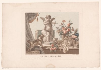 Nature morte sur une table avec un chien et une statue de Cupidon - Alexandre Chaponnier