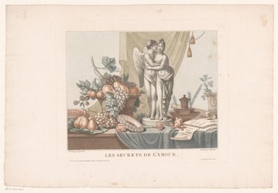 Nature morte sur une table avec une statue de Cupidon et une jeune femme, peut-être Vénus - Alexandre Chaponnier