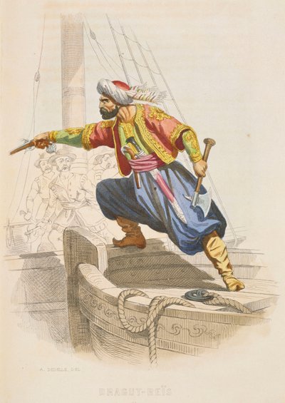 Dragut Reis, le célèbre corsaire barbaresque, se prépare à aborder un navire ennemi à la recherche de butin, milieu du 19e siècle - Alexandre Debelle