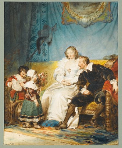 Rubens et Hélène Fourment assis avec Frans tenant une lettre et Isabelle Hélène leur donnant un bouquet de roses - Alexandre Evariste Fragonard