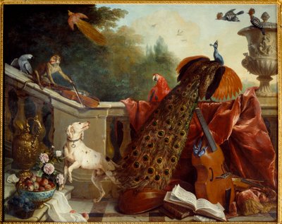 Animaux, fleurs et fruits. Un chien, un singe jouant du violon, un paon, un perroquet, un oiseau de paradis, des instruments à cordes. Peinture de François Desportes (1661-1743) 1717. Dim : 1,24 x 2,31 m. Grenoble, Musée des Beaux-Arts - Alexandre Francois Desportes