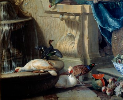 Canards, faisan, fruits près d