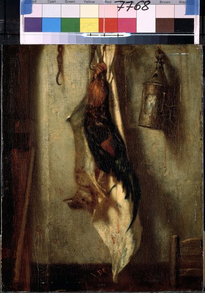 Nature morte de coq et lièvre, suspendus à un crochet, et lanterne - Alexandre Gabriel Decamps