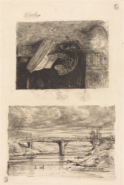 Paysage fluvial avec un pont; Singe feuilletant un livre - Alexandre Gabriel Decamps