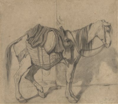 Petit cheval de bât debout avec des paniers latéraux et une cruche - Alexandre Gabriel Decamps