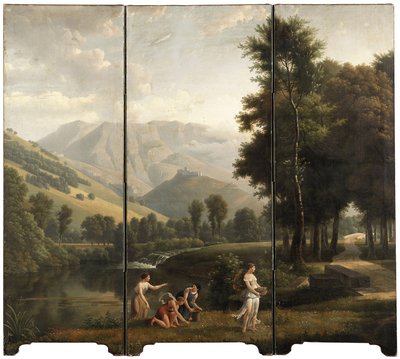 Paysage arcadien avec des jeunes filles cueillant des fleurs au bord d