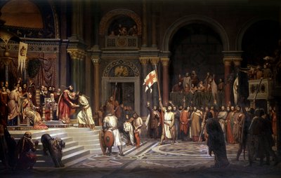 Godefroy de Bouillon reçu par Alexis Comnène, empereur de Constantinople, en 1097, lors de la défense de la ville contre les Turcs pendant la première croisade en 1096-1099 - Alexandre Jean Baptiste Hesse