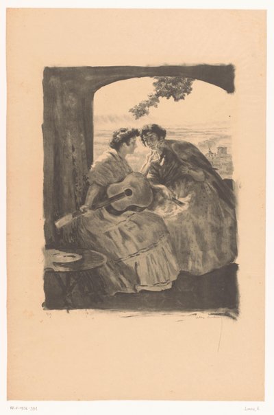 Deux femmes espagnoles avec guitare et un perroquet - Alexandre Lunois (signed by artist)