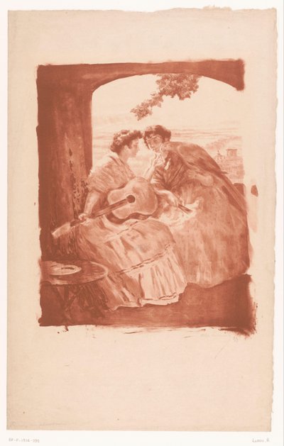 Deux femmes espagnoles avec guitare et un perroquet - Alexandre Lunois (signed by artist)