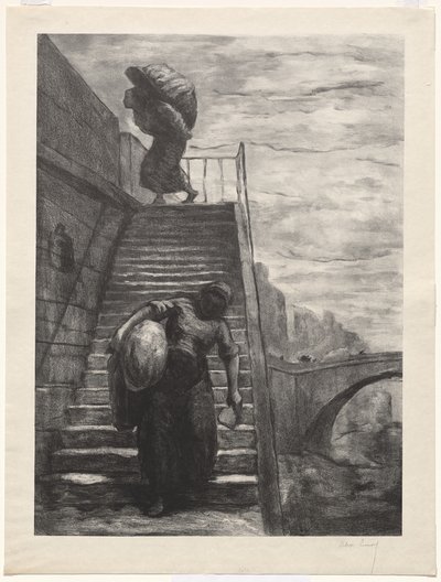 Blanchisseuses descendant un escalier de quai - Alexandre Lunois