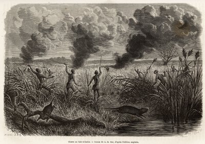 La tribu bongo chasse le rat des roseaux, gravure d
