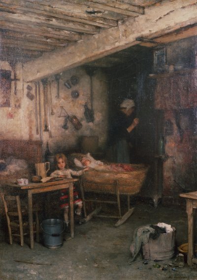 Enfants dans un intérieur de cottage - Alexei Alexevich Harlamoff